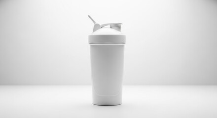 White protein shaker for sports nutrition. Fitness equipment for supplement mixing.