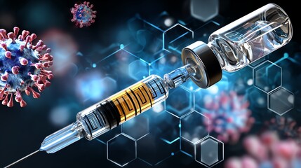 A close-up view of a syringe and vaccine vial with molecular structures, illustrating the advancement in medical technology and the fight against viruses.