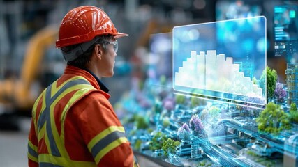 Engineer's Vision: An engineer in work attire examines a futuristic, holographic model of a cityscape, blending advanced technology with urban planning and industrial innovation. - Powered by Adobe