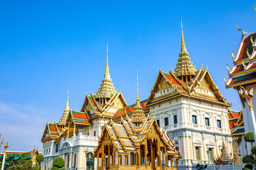 Fototapeta premium The Grand Palace was built same time as Bangkok. royal residences include Dusit Maha Prasat Throne Hall, Aphorn Phimok Prasat Throne Hall, Phiman Rattaya Throne Hall, Chakri Maha Prasat Throne Hall.