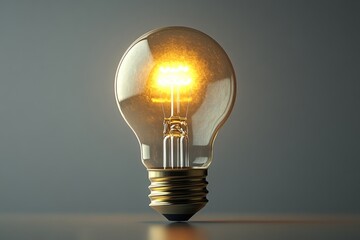 Illuminated bulb glows brightly against a smooth gray backdrop, showcasing inner workings