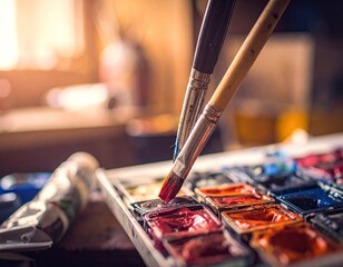 Close-up of paintbrushes dipping into watercolor paints
