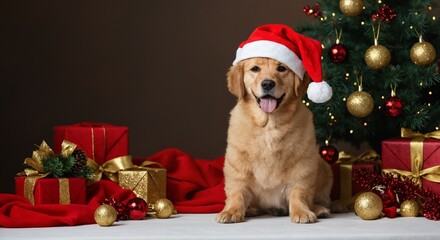 Golden retriever puppy in Santa hat sitting near Christmas tree with gifts