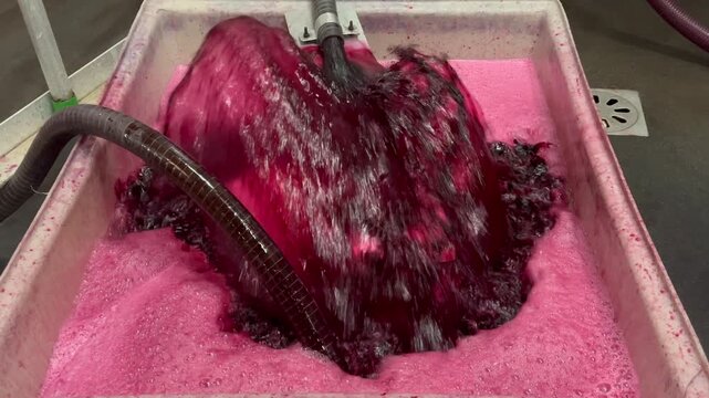 Wine factory, Aeration of grape juice during wine making in a cellar, Bordeaux Vineyard, France. High quality 4k footage
