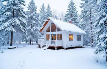 Fototapeta premium Cozy white cabin surrounded by snow-covered trees in winter 