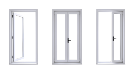 Three white doors with glass panels isolated on transparent background