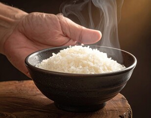 Steaming bowl of white rice, held by a hand