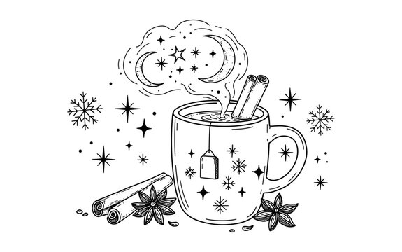 Mug of cinnamon tea vector illustration decorated with stars moon snowflakes and spices in cozy festive winter holiday design vintage style