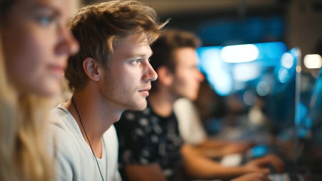 group of MBA students at hackathon creating business plan soft keyboard clicks faint buzzing of neon lights creative urgency three quarter wide angle cinematic color correction