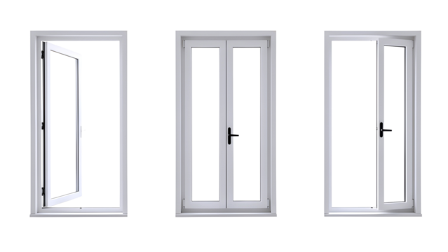Three white doors with glass panels isolated on transparent background