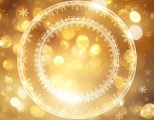Golden circular frame with snowflakes, bokeh