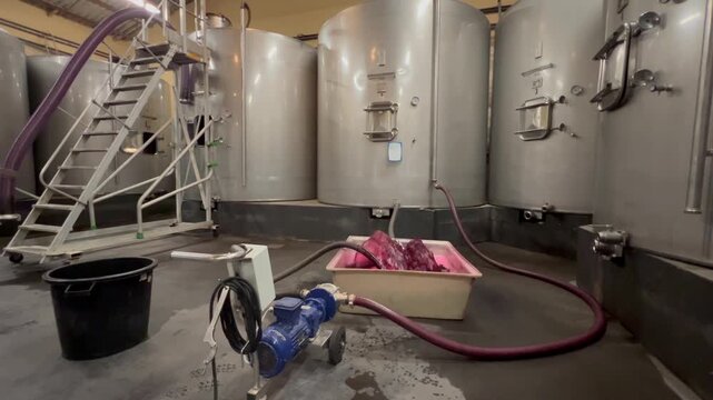 Wine factory, Aeration of grape juice during wine making in a cellar, Bordeaux Vineyard, France. High quality 4k footage