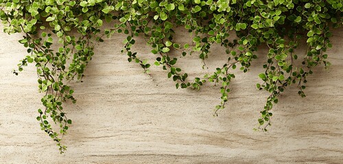 Clean biophilic design with trailing greenery over sandstone background
