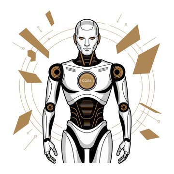 futuristic humanoid android, plated armor body, kinetic burst accents, advanced robotics hero, cinematic figure concept, technology vector illustration