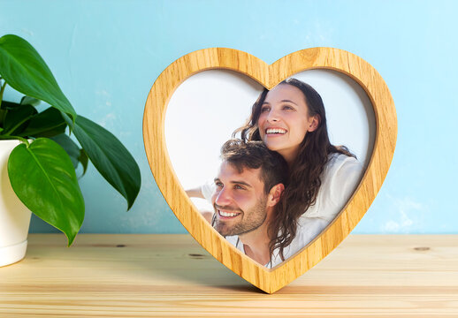 Wooden Heart Shape Picture Frame Mockup