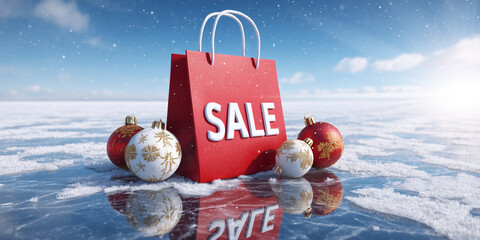 Red shopping bag with "SALE" text on frozen lake, surrounded by Christmas ornaments. Snowfall, reflections, and empty space make it ideal for holiday sale advertising templates. Generative Ai.