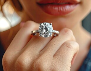 Close-up of a woman's hand holding a large diamond ring