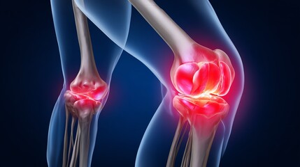 An anatomical illustration showing a close-up view of human knees, highlighting structures with red inflammation. Ideal for medical and educational purposes regarding joint health.