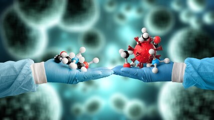 COVID vaccine vial for prevention, doctor hand with virus molecule