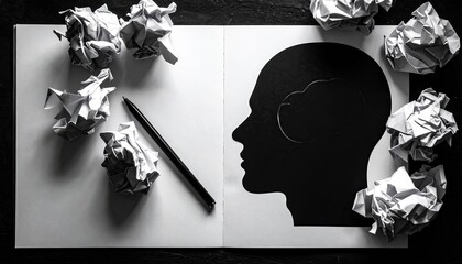 Silhouette head with bird, crumpled papers, and pencil