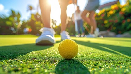 Close-up of a yellow golf ball on a putting green.  People playing miniature golf in background