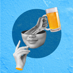 Woman head showing a human hand holding a glass beer mug to celebrate Oktoberfest with a colored background. Collage art of Oktoberfest