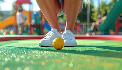 Low angle view of person's feet on mini golf course