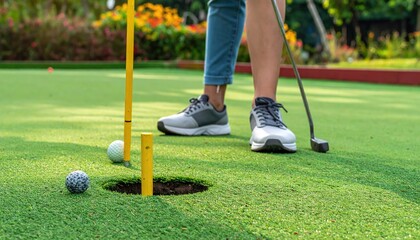 Person about to putt golf ball into hole