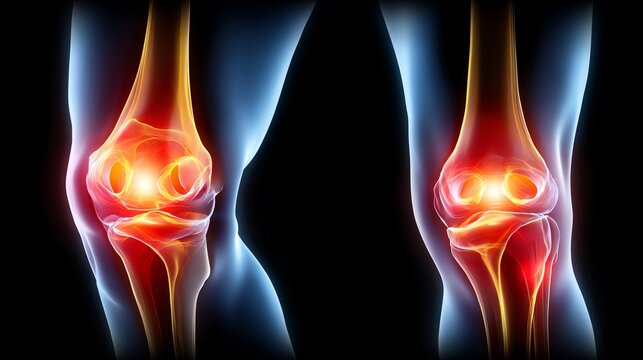 Detailed medical illustration showcasing human knee joint anatomy, highlighting both healthy and inflamed conditions