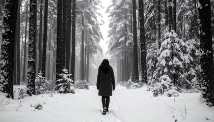A solitary figure walks a snowy forest path