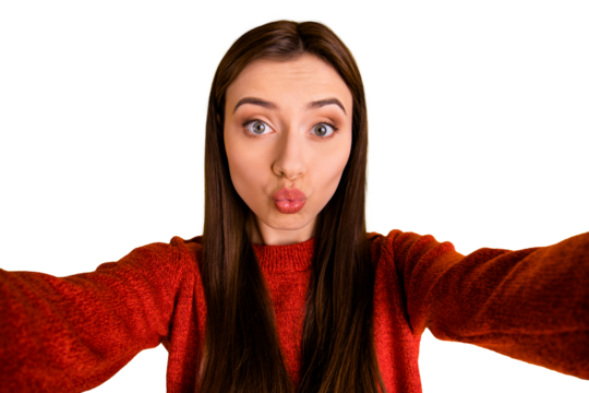 Close up photo of cheerful positive youth girl make selfie video call send air kisses show her valentine day blog wear red jumper isolated over yellow color background