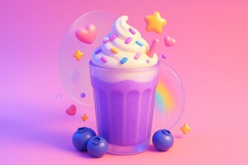 Whimsical blueberry milkshake with whipped cream, sprinkles, stars, and hearts on pastel background with dreamy light concept. Ai generative