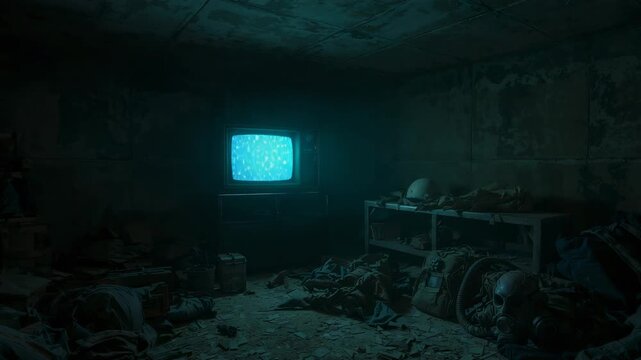 Flickering CRT television standing on metal stand in bunker chamber, with dusty gas masks, helmets