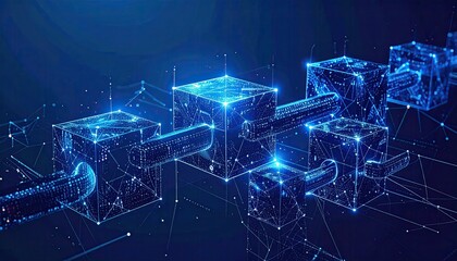 Abstract representation of blockchain, linked cubes connected by lines, digital, glowing blue