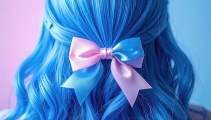 Vibrant blue hair with pink bow