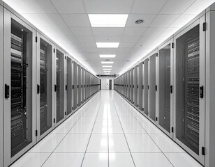 Server room interior, clean, modern, and spacious