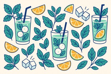 Fototapeta premium Refreshing summer drink with citrus, mint leaves, and ice cubes in flat design style on light background with abstract elements. Ai generative