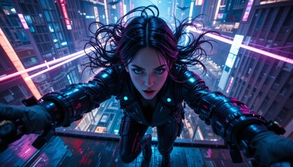 Extreme Perspective of a Cyberpunk Woman Climbing City Skyscraper