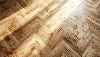 Light streams across a light-brown herringbone wooden floor