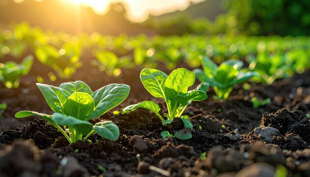 Young spinach plants in rows, sunlight