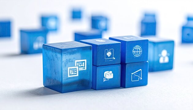 Four blue cubes, each with a different app icon, sit on a white surface. Other similar cubes are scattered around