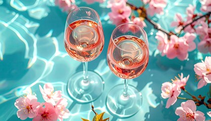 Two glasses of ros? wine on a turquoise pool surface, surrounded by cherry blossoms