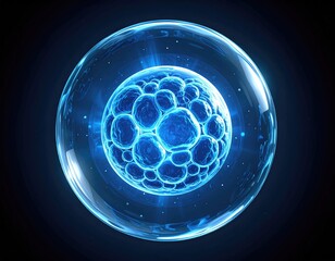 A glowing, blue, spherical cell, encased in a transparent orb