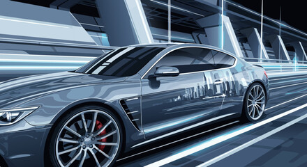 Fototapeta premium Sleek modern sports car in motion, reflecting a futuristic cityscape, highlighting speed and advanced automotive design