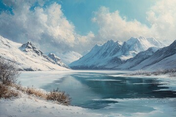 Naklejka premium Serene winter mountain lake landscape with snowy peaks