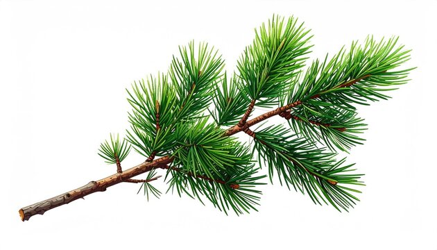 Detailed close-up of a pine branch against white