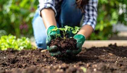 Woman planting a tomato seedling in a garden bed