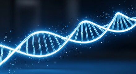 A glowing blue digital illustration of a DNA double helix structure on a dark background.