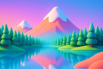 Cartoon-style landscape with snowy pink mountains, pine trees, and a reflective lake under soft gradient sky background at sunrise light. Ai generative