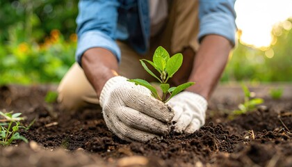 Close-up of person planting young seedling